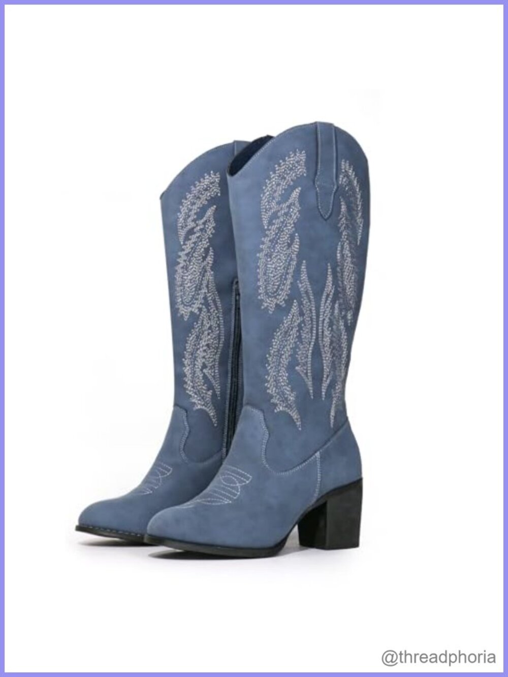 Western Cowboy Boots Women Embroidered Chunky Block Heel Mid Calf Pull On